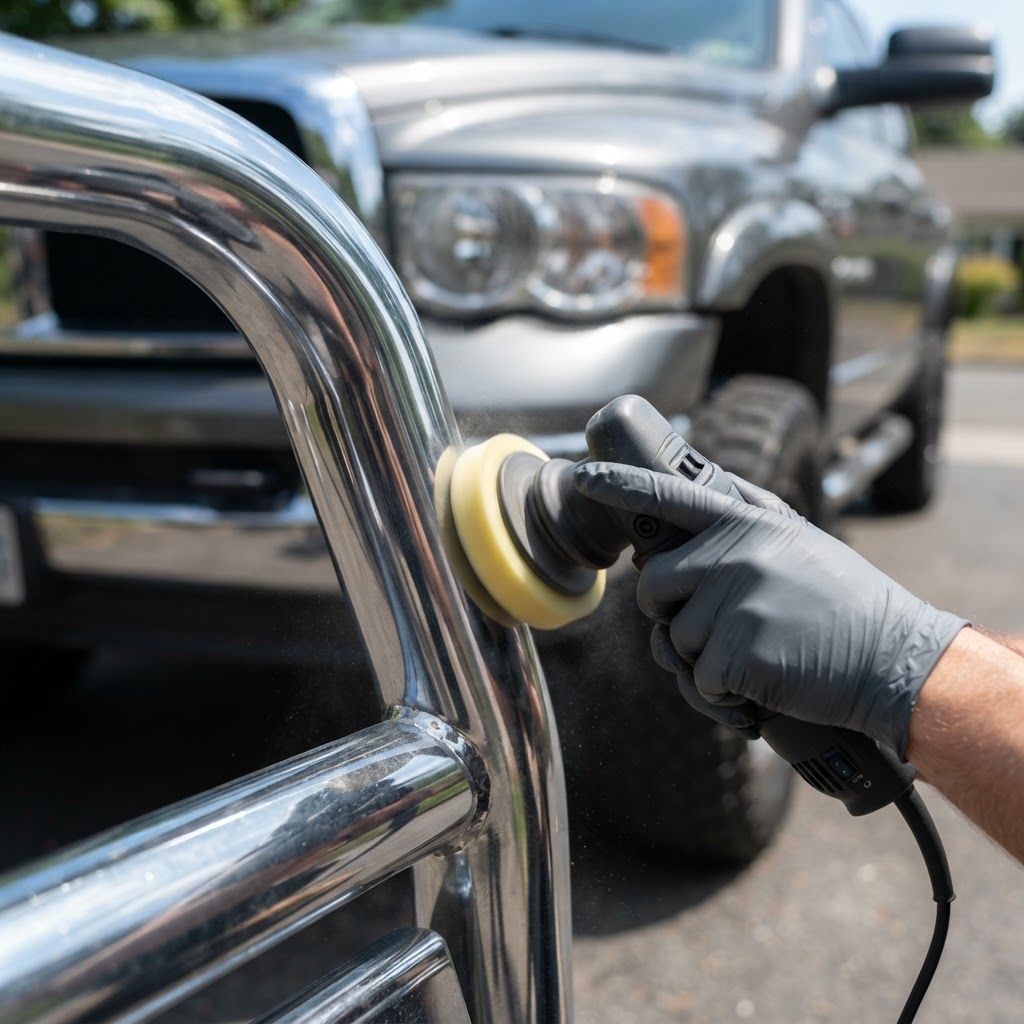 A mobile detailer polishing a chrome bullbar to a mirror finish